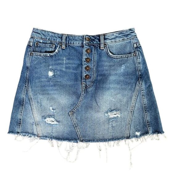 Free People - We The Free - Button Fly Distressed Denim Mini Skirt - Size 29 - Picture 1 of 4